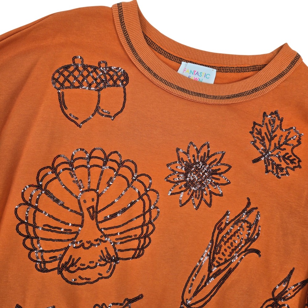 Fantastic Fawn Womens LARGE Sequin Turkey Pumpkin Fall Thanksgiving Sweatshirt